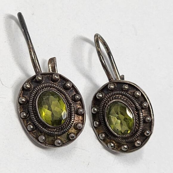 Antique Sterling Silver Green Peridot Oval Earrings - Picture 1 of 9
